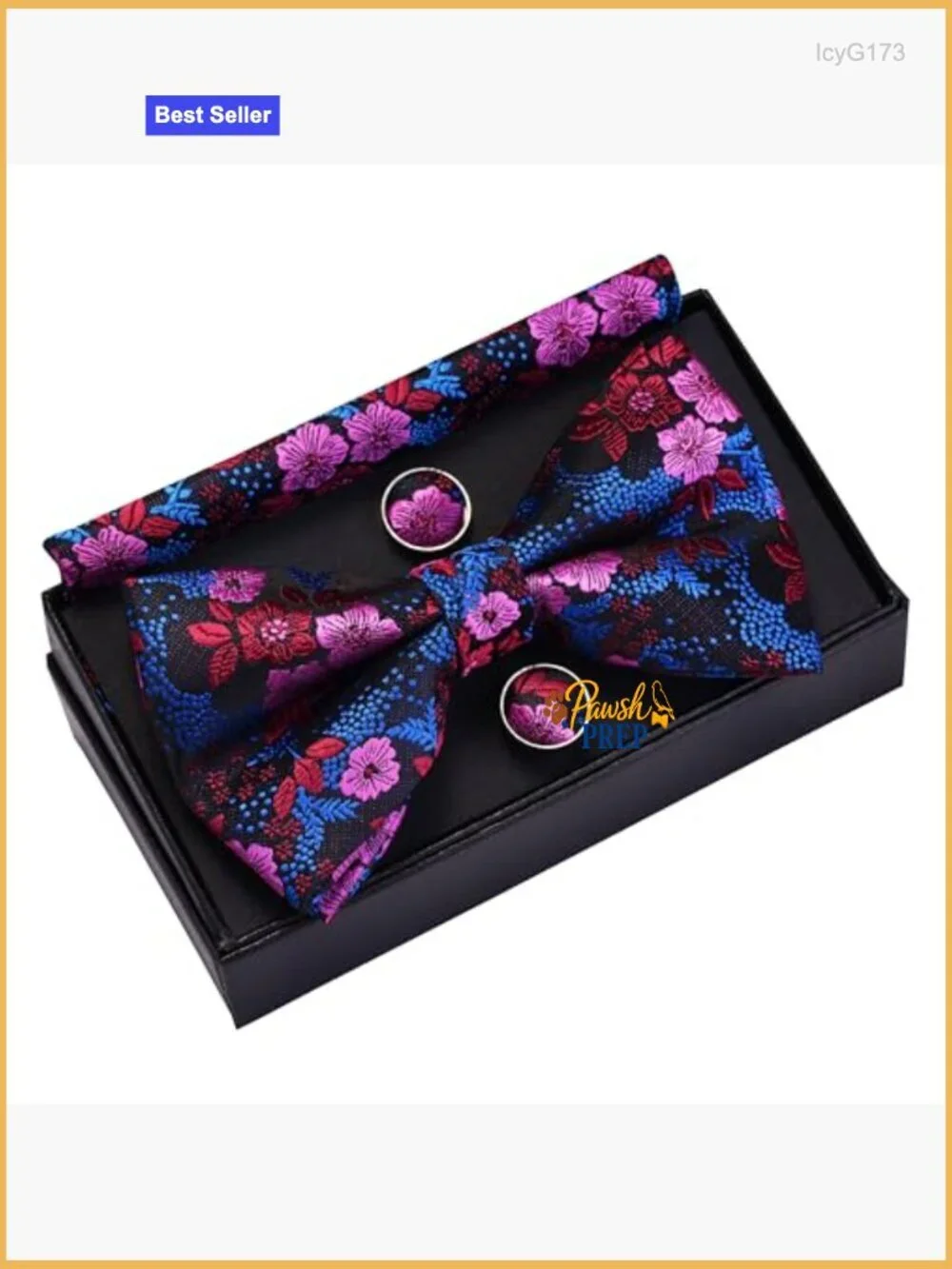Men's Silk Blend Floral Bow Tie Set with Pocket Square & Cufflinks